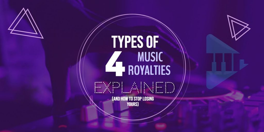 DJ hand over a turntable with text overlay: "4 Types of Music Royalties Explained (And How to Stop Losing Yours)"