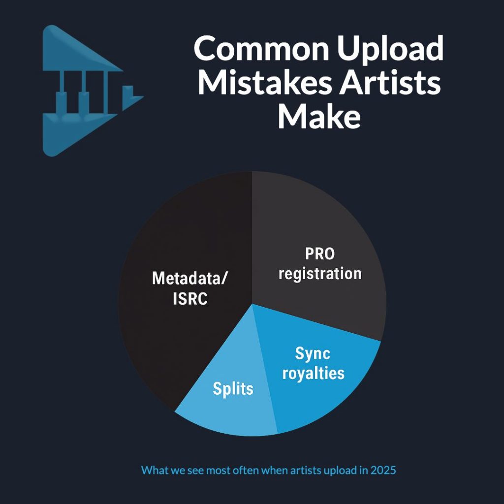 Pie chart showing common upload mistakes artists make in 2025, including metadata, PRO registration, splits, and sync royalties.