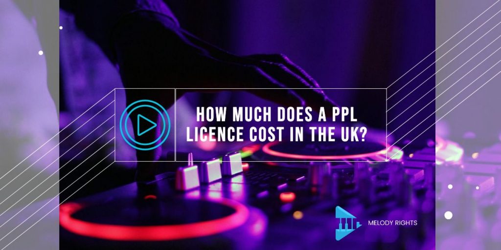 DJ hand mixing music on a controller with text asking about PPL licence cost in the UK