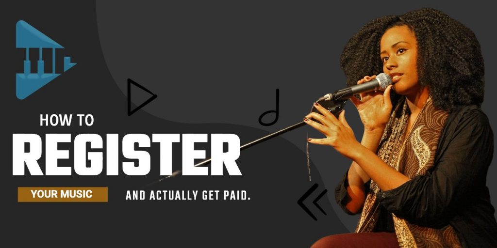 Confident Black female artist singing into a microphone with text overlay: How to Register My Music and Actually Get Paid