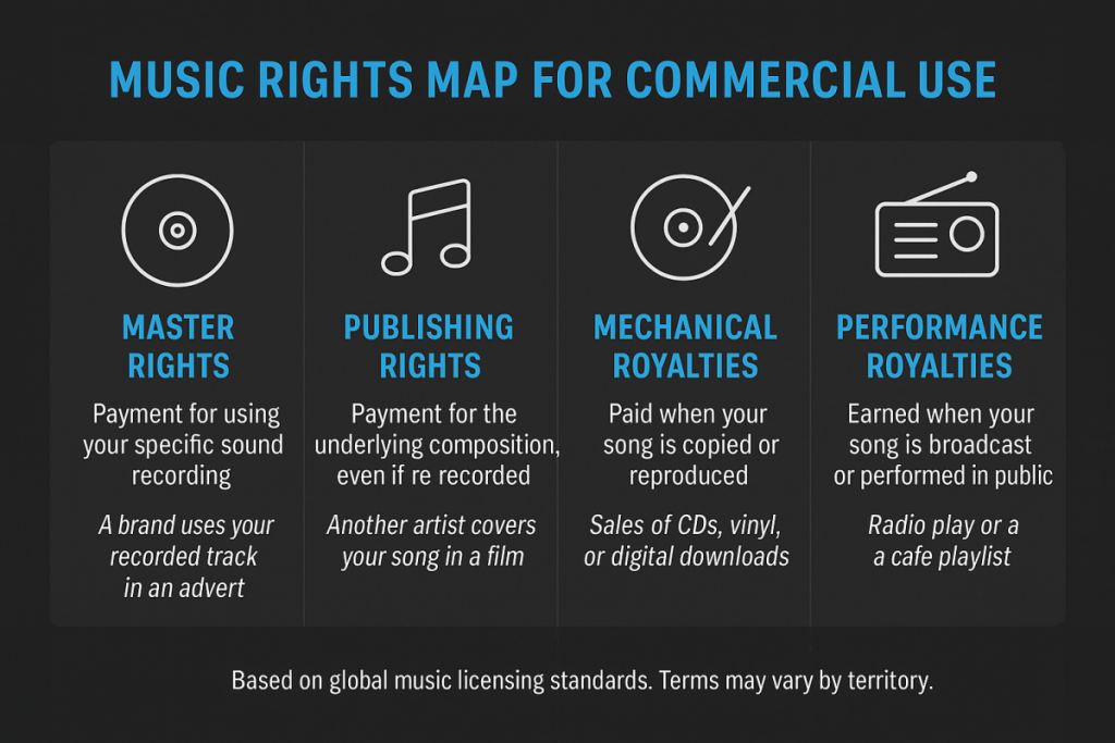 Infographic showing types of music rights for commercial use, including master rights, publishing rights, mechanical royalties, performance royalties, and neighbouring rights.