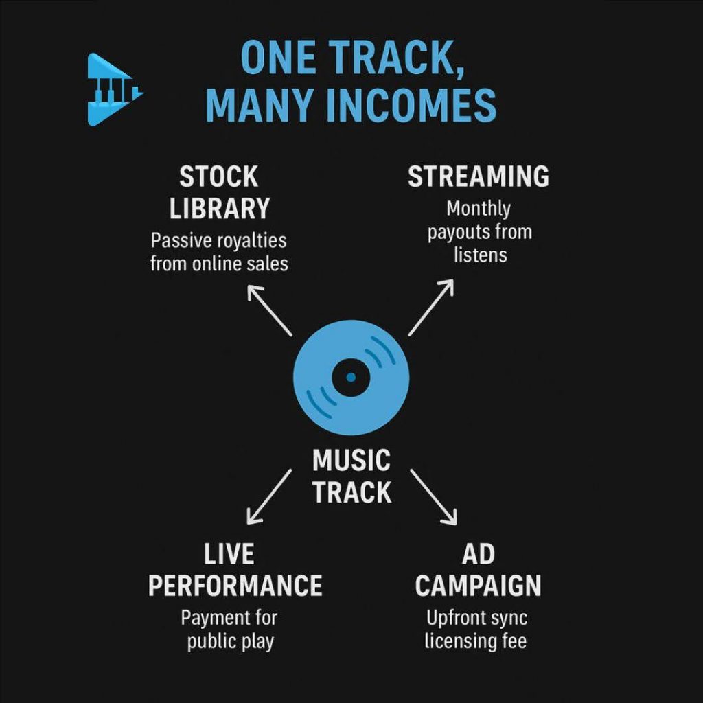 Flowchart showing how one music track can earn income from multiple sources, including stock libraries, sync licensing, direct sales, and streaming royalties.