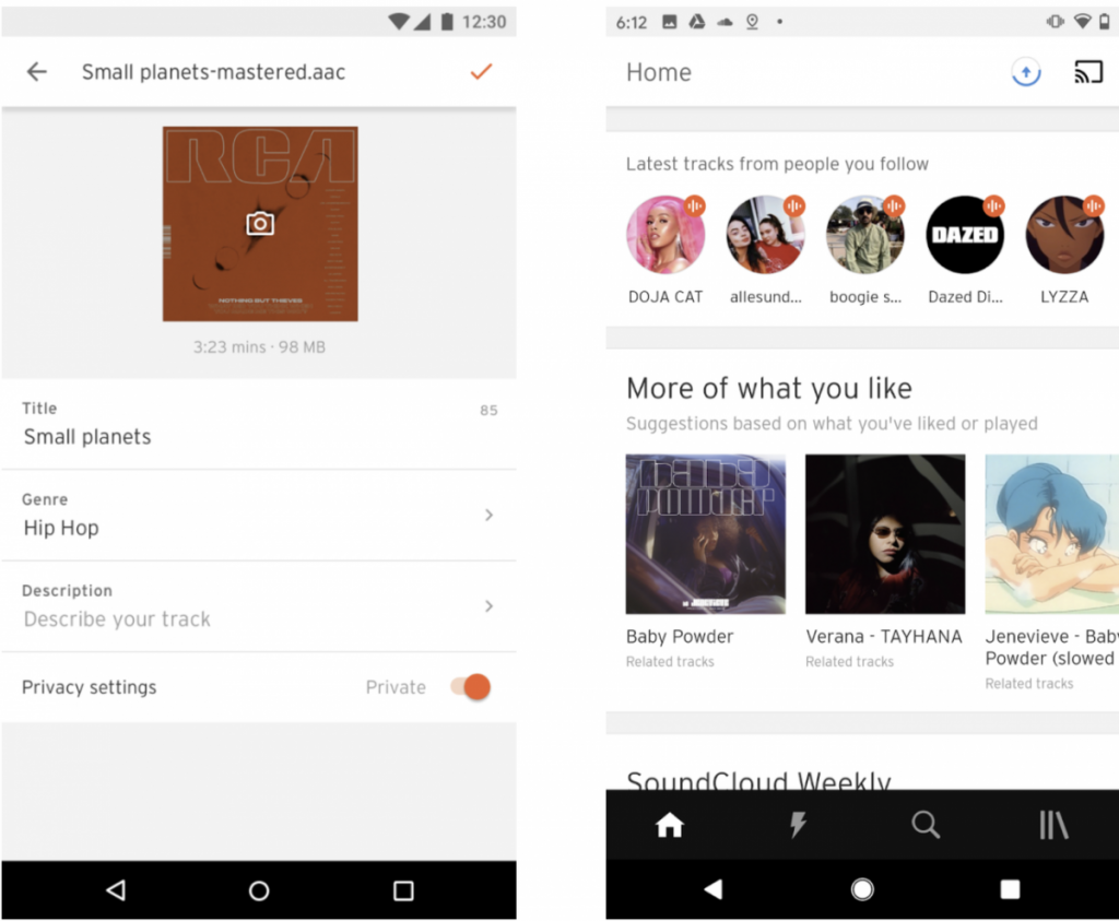 SoundCloud mobile app showing music upload details and user discovery feed