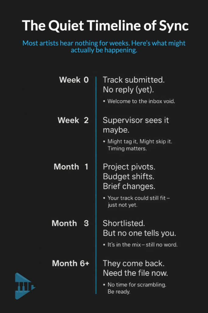 Timeline showing the typical sync licensing process from submission to potential placement
