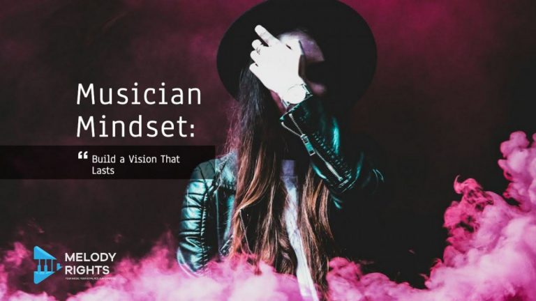 Female musician in leather jacket with smoke effect, symbolizing musician mindset