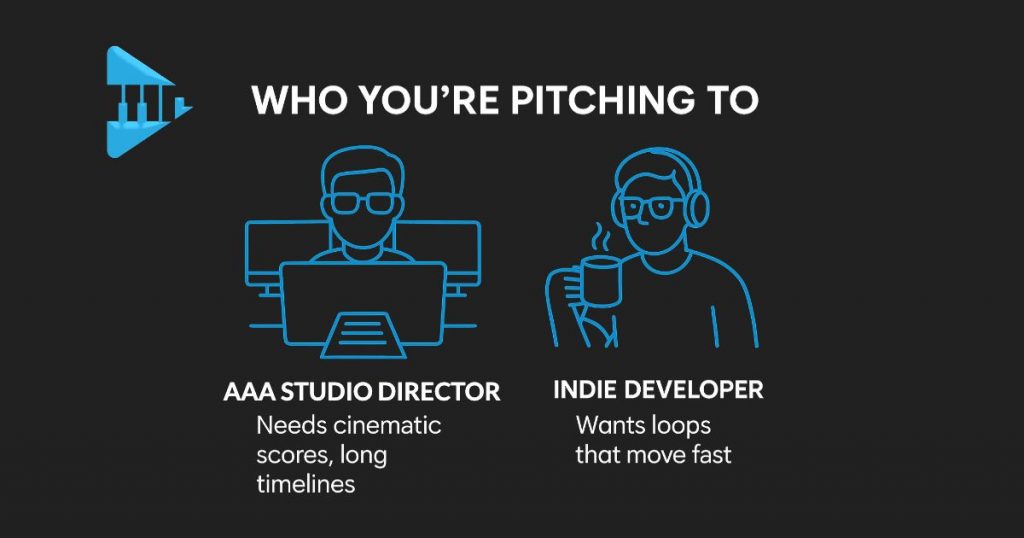 Visual comparison showing who you’re pitching to when submitting music for video games. Left: AAA studio director needs cinematic scores and long timelines. Right: indie developer wants loops that move fast. Melody Rights–branded graphic.