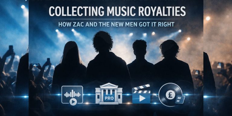 Featured header image of Zac and The New Men with icons representing different music royalty streams.