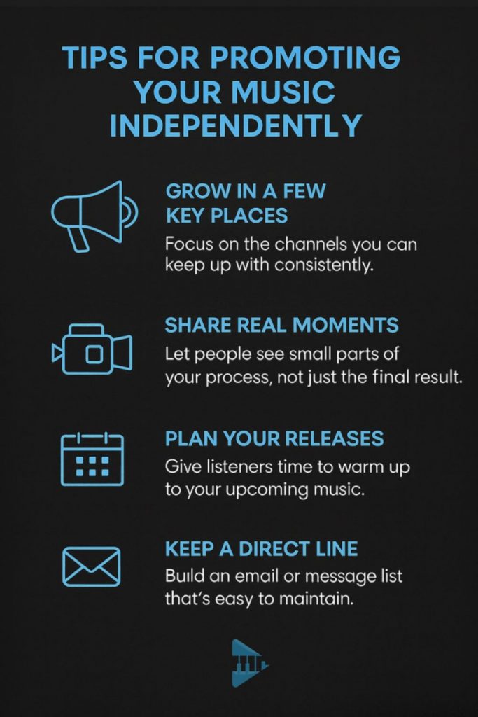 Graphic showing four tips for promoting your music independently: grow in a few key places, share real moments, plan your releases, and keep a direct line.