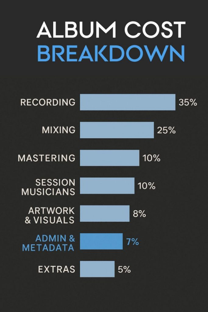 Horizontal bar chart showing how DIY and independent artists typically spend their album budget, including recording, mixing, mastering, musicians, artwork, admin and extras.