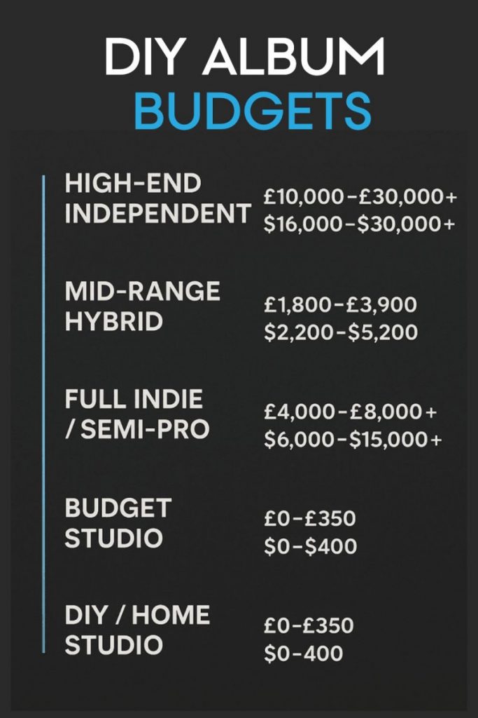 Graphic showing five DIY album budget tiers from £0–£30,000+, including DIY, Budget Studio, Hybrid, Full Indie and High-End Independent ranges.