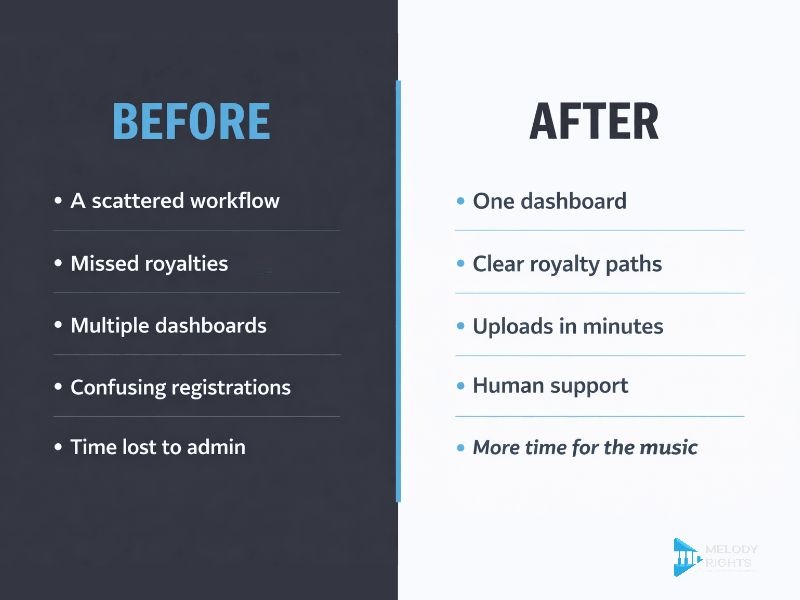 Before and after comparison showing how Melody Rights streamlines royalty management for independent bands.