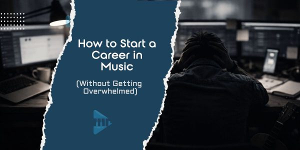 Musician sitting at a desk with head in hands, seen from behind, representing overwhelm when starting a career in music