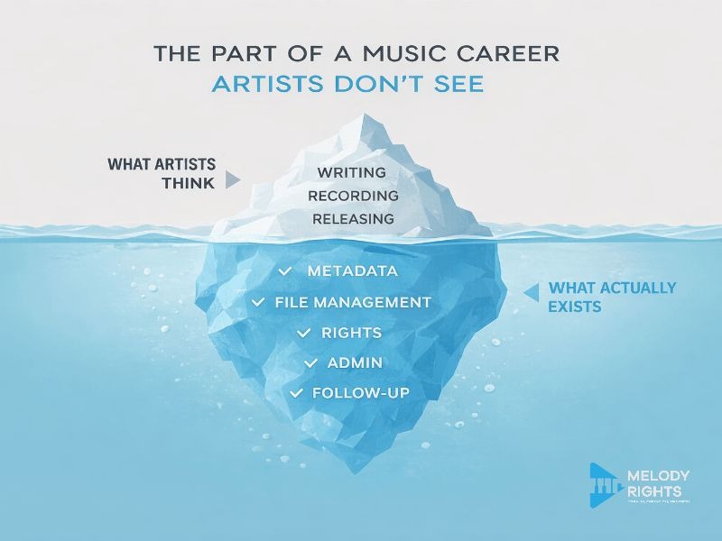 Iceberg diagram showing visible music creation above the surface and hidden admin, organisation, and rights work beneath in a modern music career