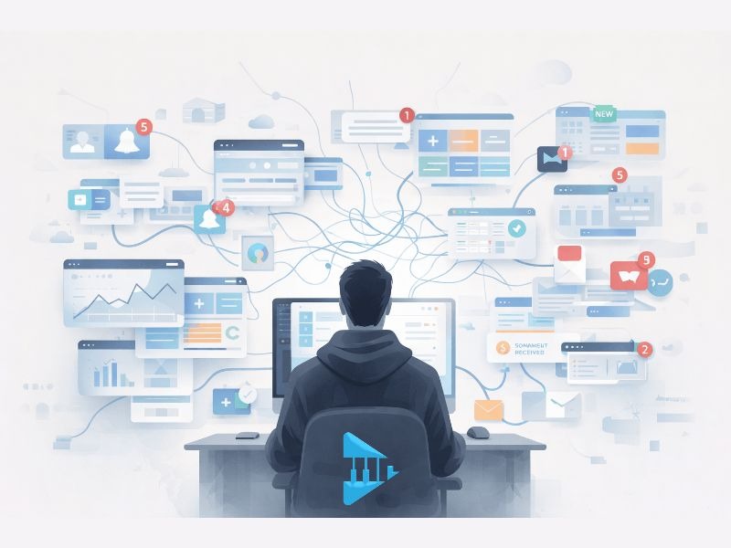 Musician standing by a window while multiple screens and dashboards glow on a desk, representing overload from managing many music platforms