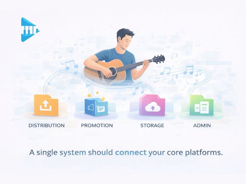 Comparison diagram showing a fragmented music career workflow with disconnected tools versus a connected workflow system for musicians