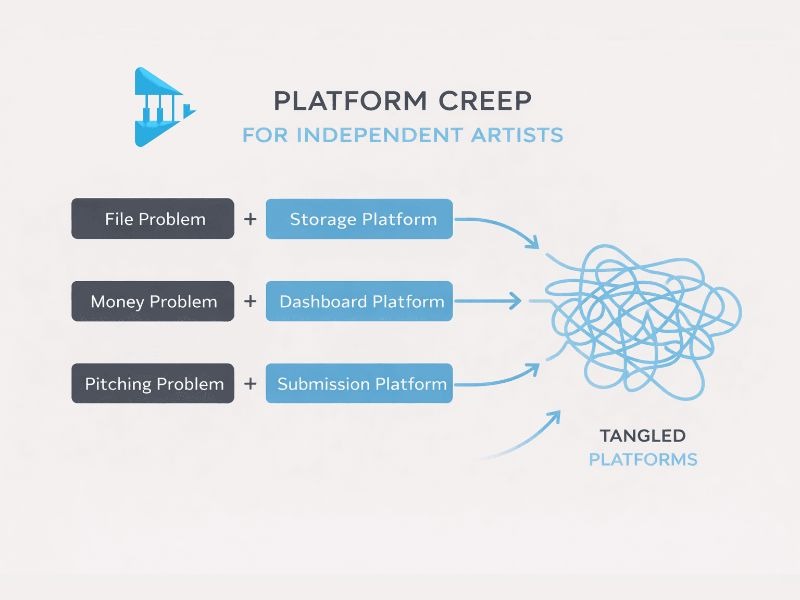 Diagram showing how musicians gradually add more platforms to solve small problems, leading to tool sprawl and platform overload