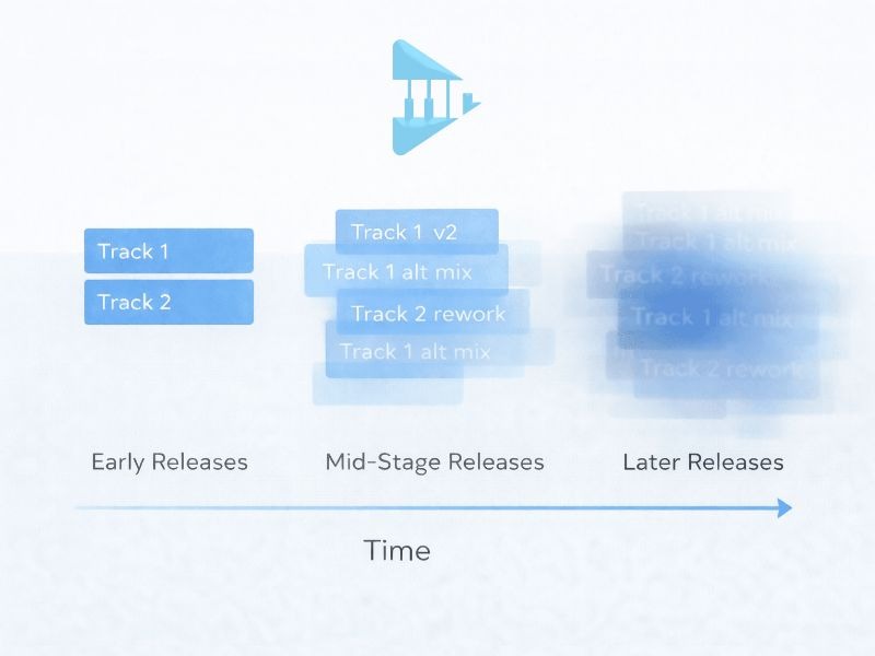 Timeline-style illustration showing how clarity and confidence in a music catalogue gradually fade over time without files being lost or broken