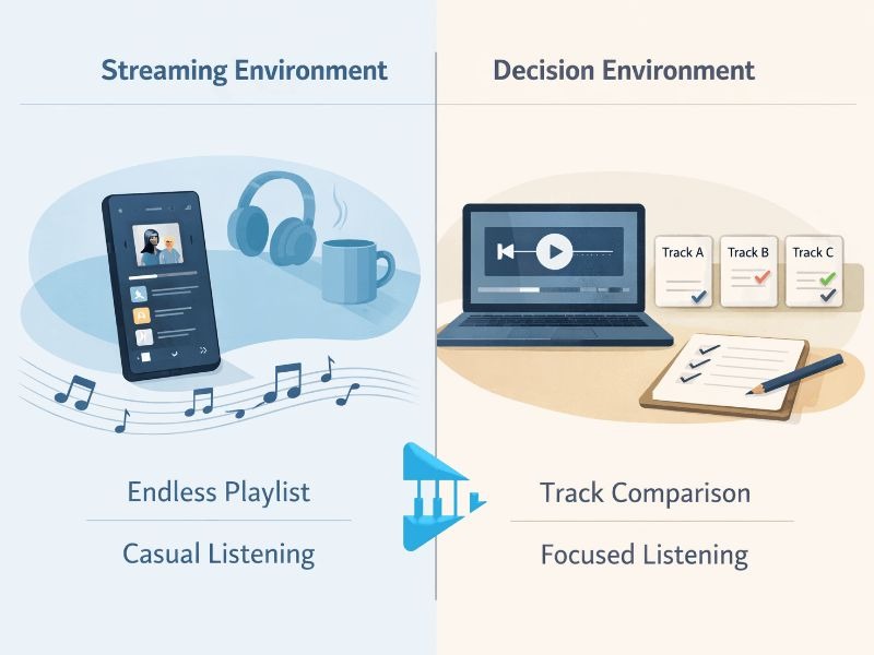 Illustration comparing streaming music environments with professional music decision-making contexts