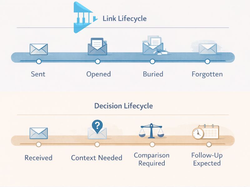 Diagram showing how music links lose momentum compared to how music decisions actually unfold