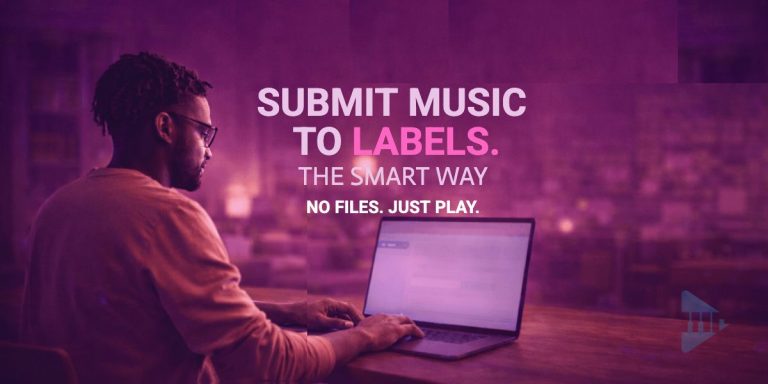 artist submitting music to record labels on laptop using playlist link in pink lighting