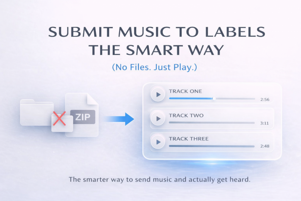 bold hero image showing how to submit music to record labels free using playlist links instead of files