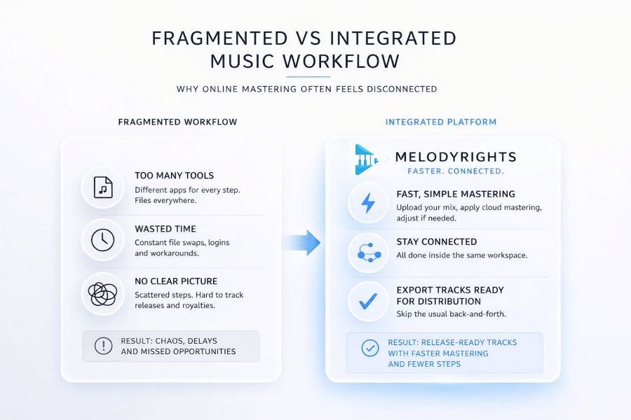 Comparison of a fragmented online mastering workflow versus a streamlined mastering workspace with export for distribution