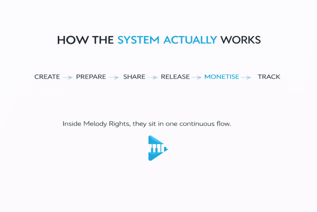 Connected music workflow showing how independent artists move from creation to monetisation and tracking within one system