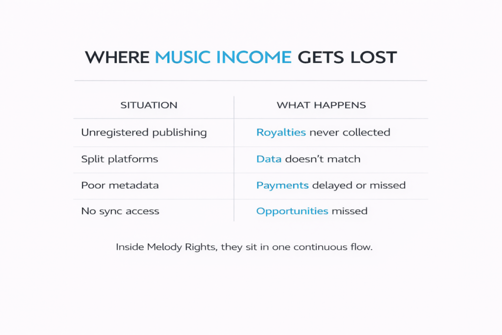 Table showing where independent artists lose music income including unregistered publishing, split platforms, poor metadata, and missed sync opportunities