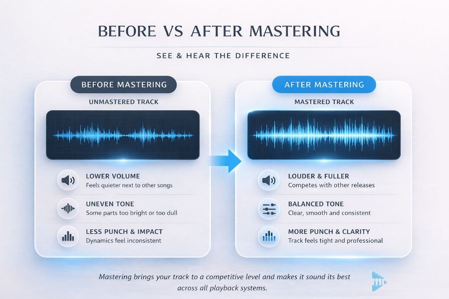 Before and after mastering comparison showing difference in loudness and clarity
