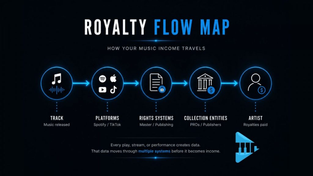 Flowchart showing how music royalties move from streaming platforms through collection systems to the artist
