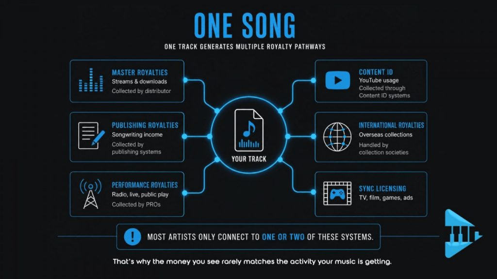 Diagram showing how one song generates multiple music royalty income streams