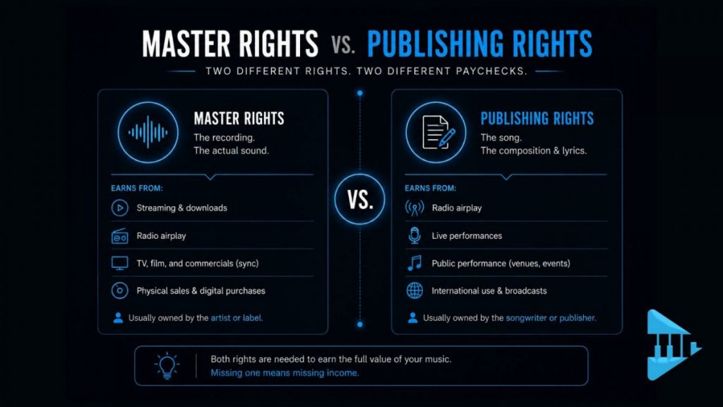 Infographic comparing master rights and publishing rights in music royalties