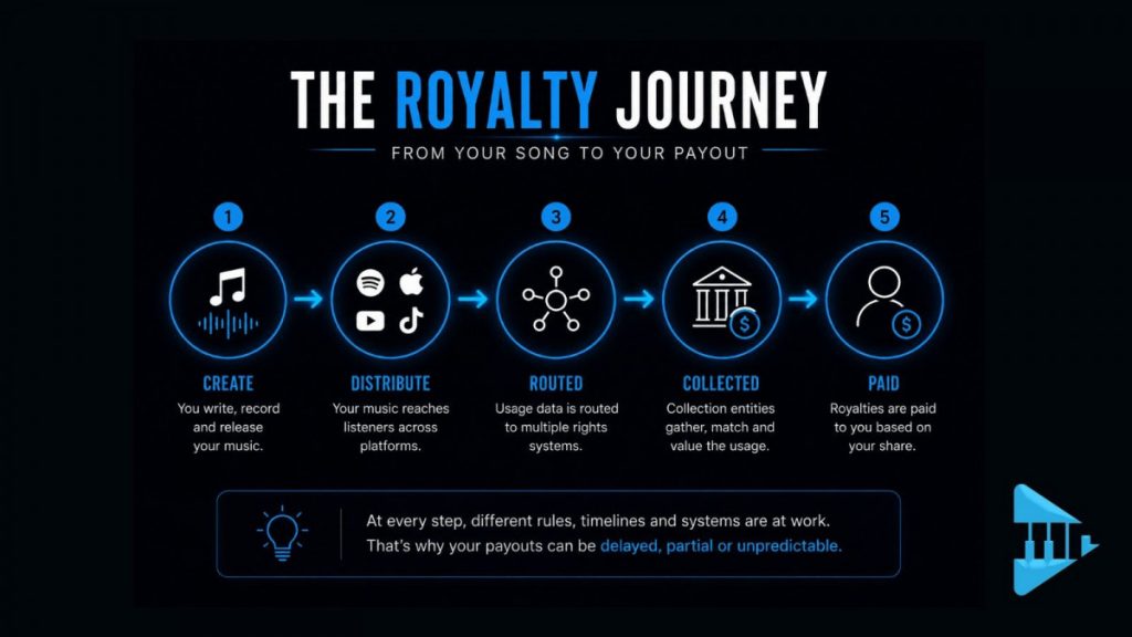  Infographic showing the journey of music royalties from release to artist payment