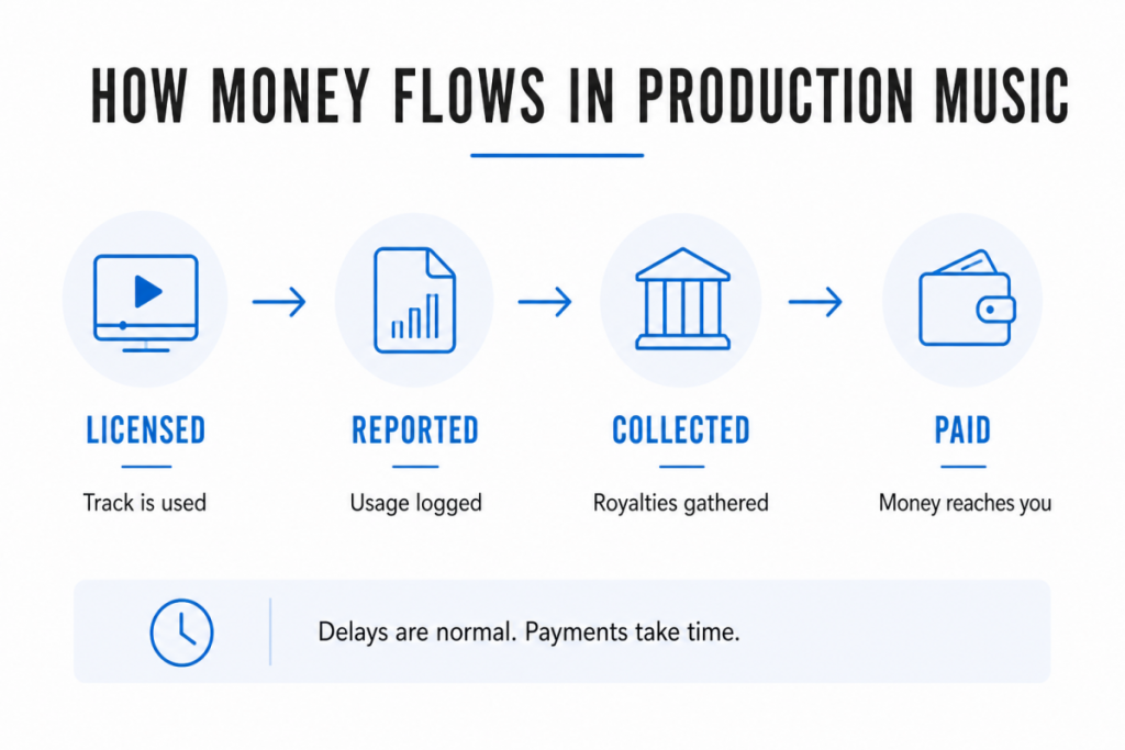 Production music royalty flow showing licensing, reporting, collection and payment stages