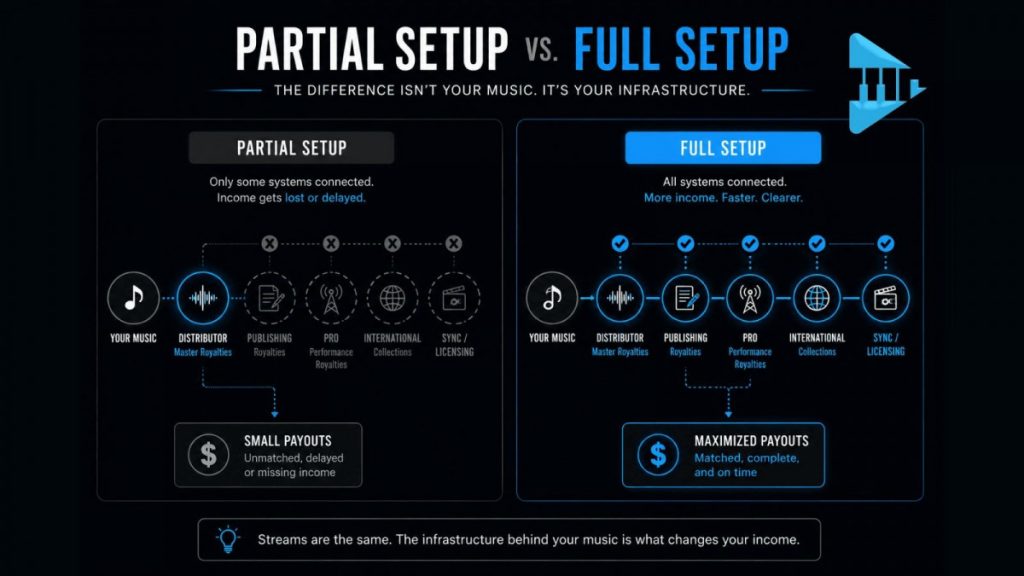 Comparison infographic showing the difference between partial and fully connected music royalty systems