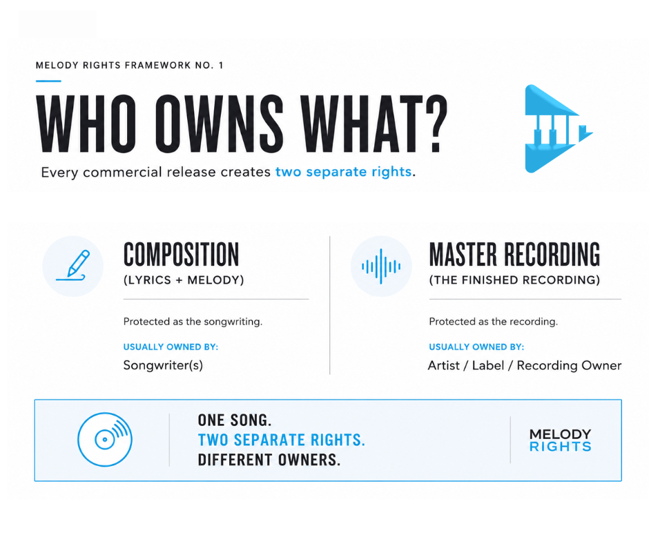 Editorial graphic explaining the difference between composition rights and master recording ownership.