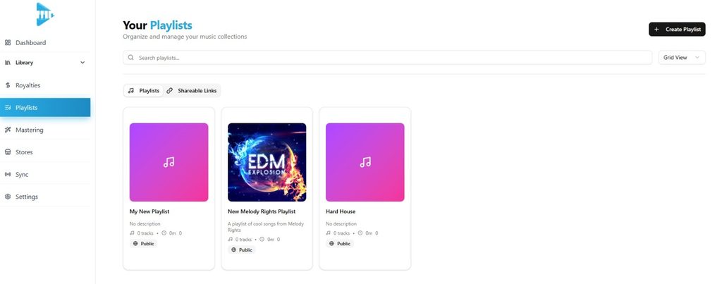 Melody Rights playlists page with the Shareable Links tab for sending music privately
