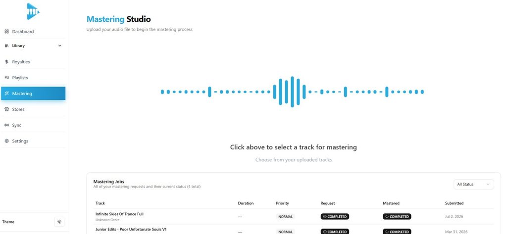 Melody Rights Mastering Studio, where artists select an uploaded track for online mastering